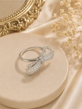Silver Tone Crystal Bow Statement Ring